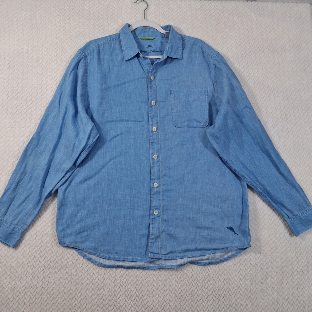 Tommy Bahama Linen Button Down Shirt Mens Large Blue